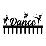 A black steel medal holder featuring the word 'Dance' in elegant script. Above the word are silhouettes of three dancers in various poses. Below, there are ten hooks for hanging medals. The design is sleek and artistic, suitable for dance enthusiasts.